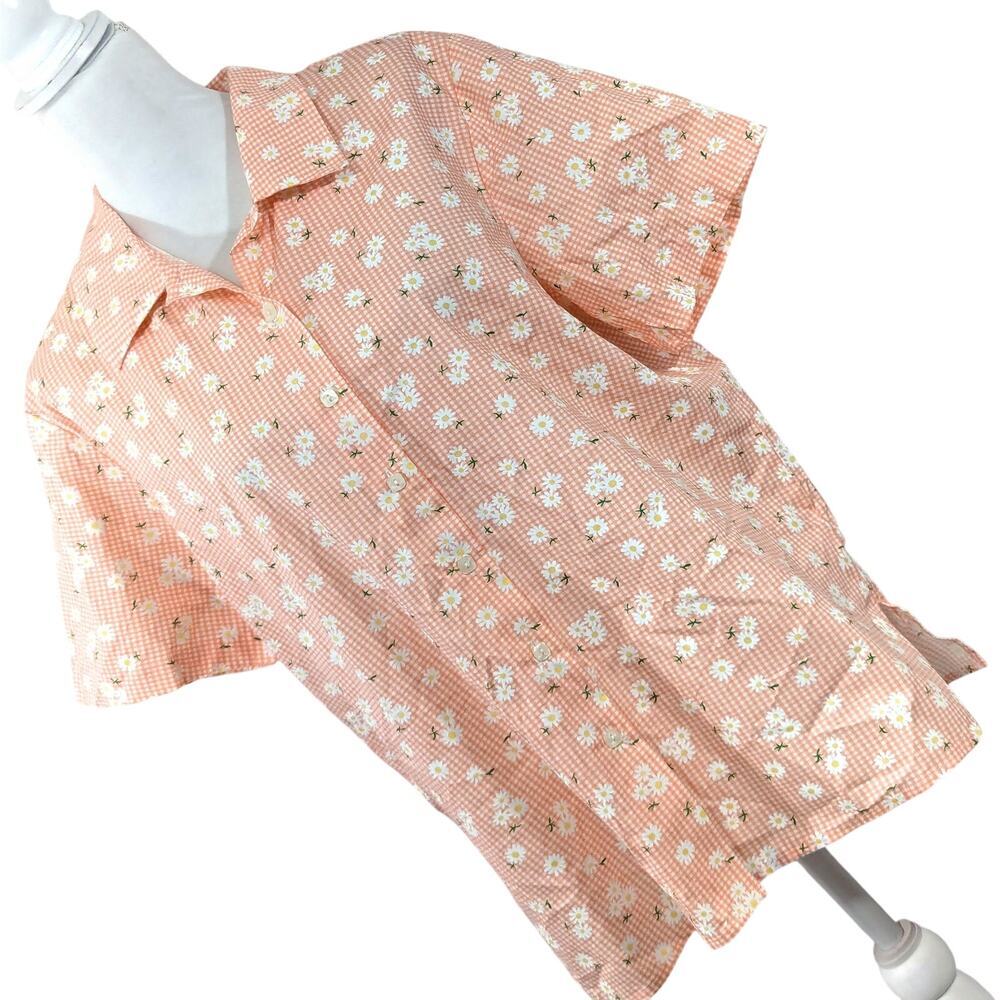 Denim&Co Peach Floral Short-Sleeve Button Front Blouse